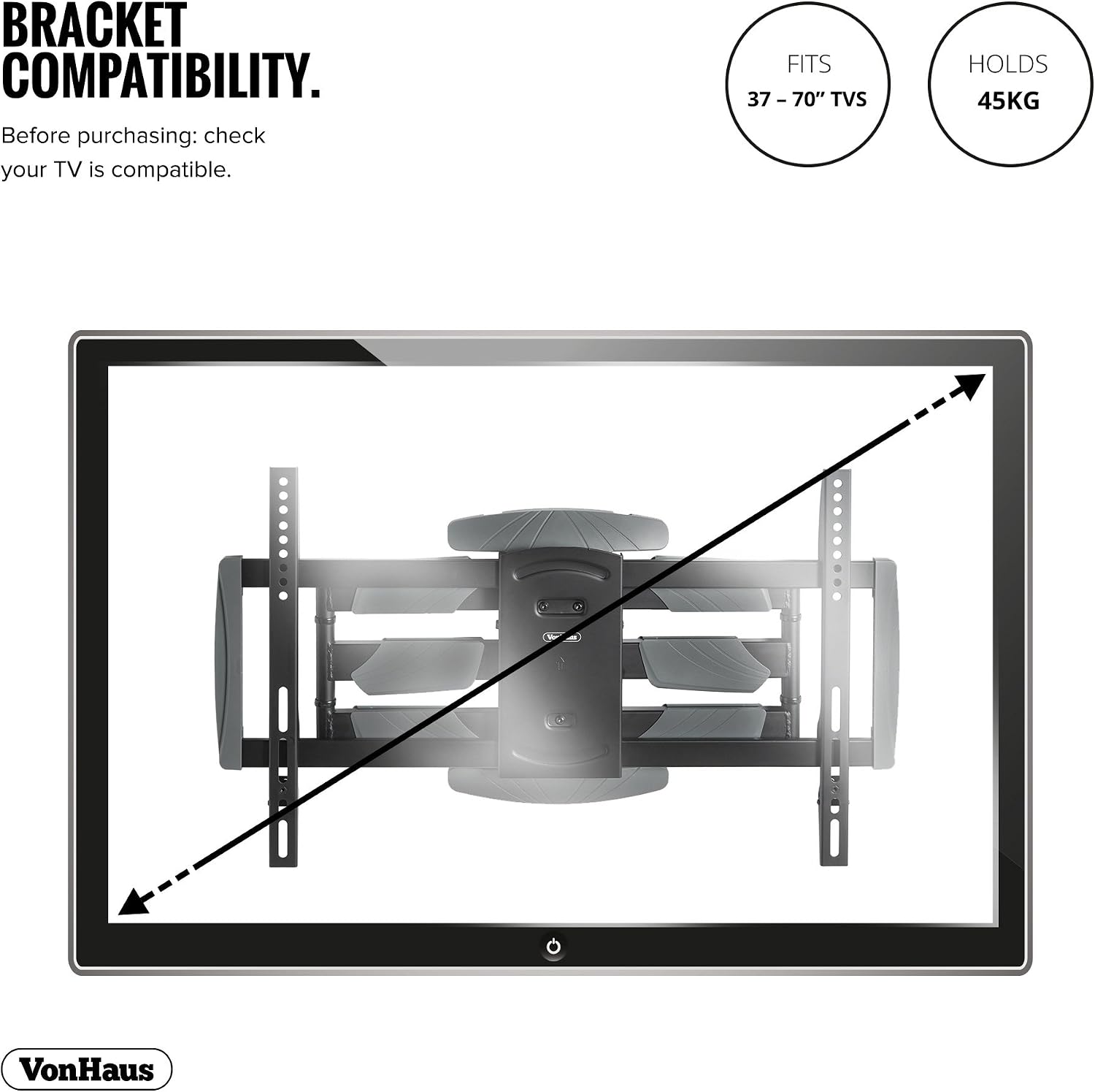 VonHaus TV Wall Bracket for 37-82" Screens, Articulating Full Movement TV Bracket, Wall Mount with Tilt & Swivel - Image 3
