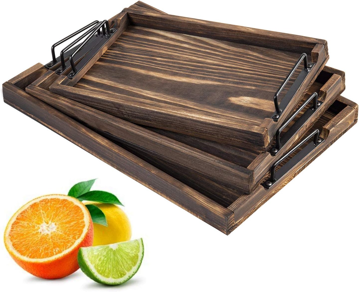 3 Pack Wooden Serving Tray with Metal Handles, Rustic Tray for Coffee Table, Home Decor Tray for Dining, Bar Tray for Holding Drinks