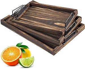 3 Pack Wooden Serving Tray with Metal Handles, Rustic Tray for Coffee Table, Home Decor Tray for Dining, Bar Tray for Holding Drinks