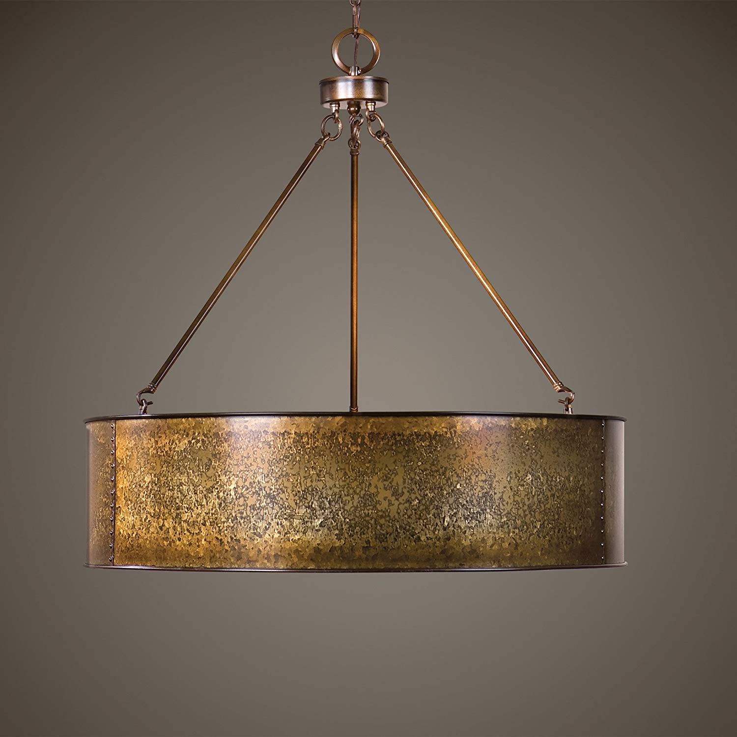 Antiqued Gold Metal Large Drum Pendant 5 Light Distressed