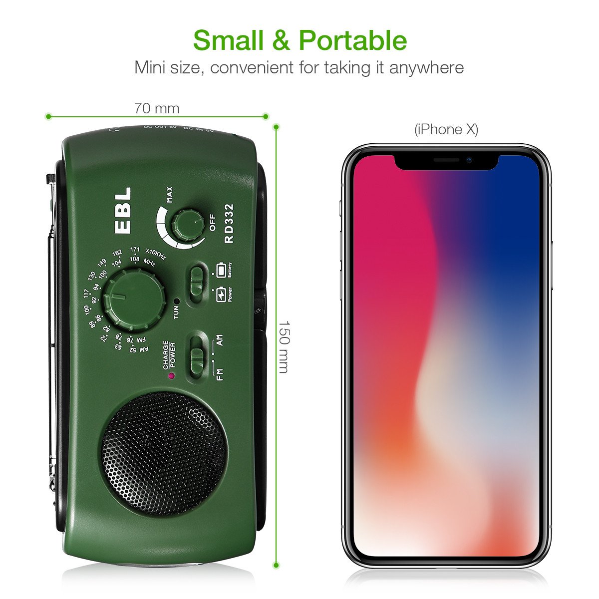 EBL Portable FM/AM Radio Emergency Solar Hand Crank Rechargeable Radio with LED Flashlight for Household Camping Traveling (Green)