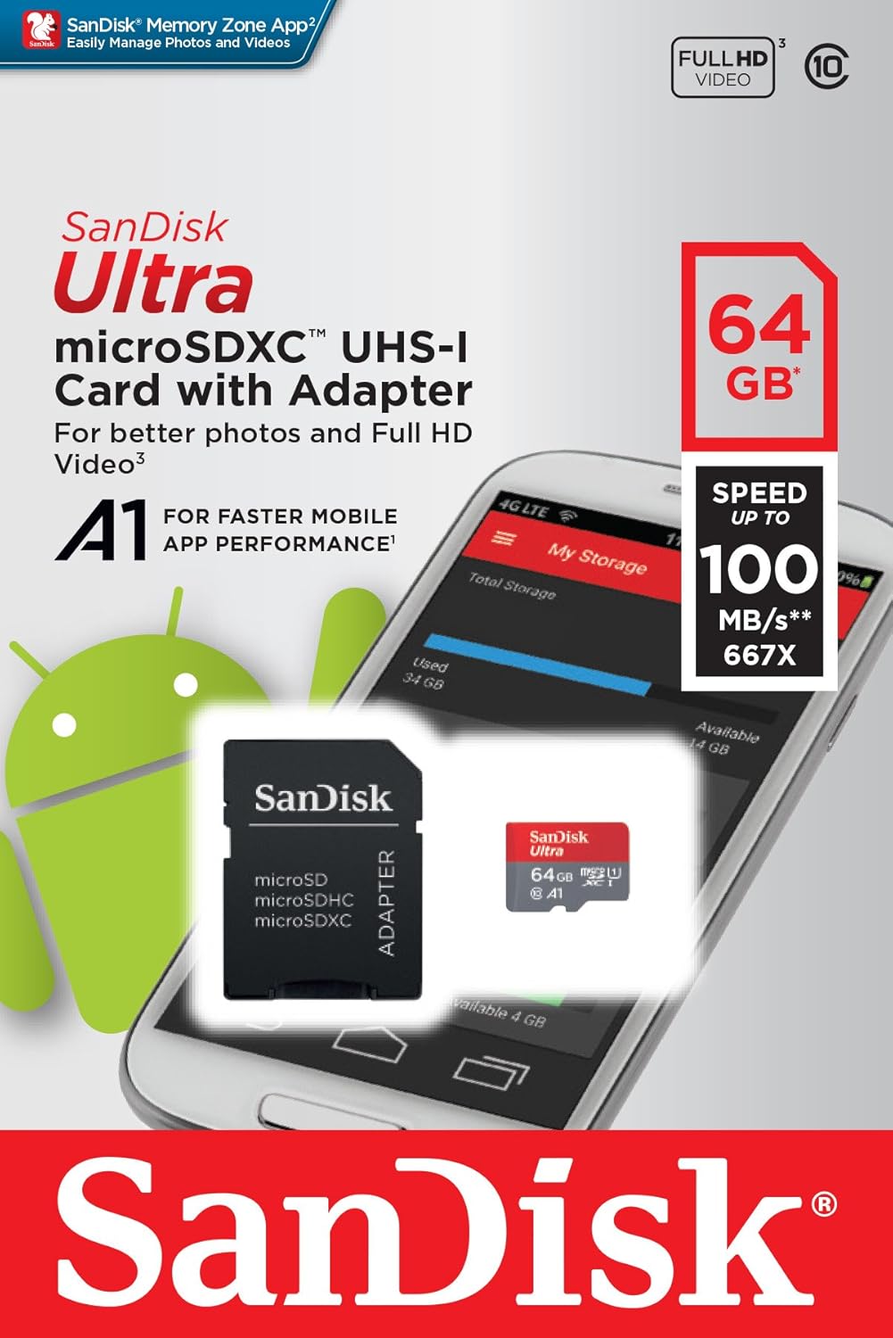 SanDisk 64GB Ultra microSDXC UHS-I Memory Card with Adapter - 100MB/s, C10, U1, Full HD, A1, Micro SD Card - SDSQUAR-064G-GN6MA: Computers & Accessories