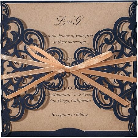 Wishmade 50pcs Carre Bleu Marine Decoupe Au Laser Invitation De Mariage Cartes Avec Papier Kraft D Invitation Avec Nœud En Dentelle Manches Fiancailles Mariage Douche D Anniversaire Amazon Fr Cuisine Maison
