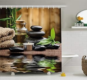 Ambesonne Spa Decor Shower Curtain, Asian Zen Massage Stone Triplets with Herbal Oil and Scent Candles, Fabric Bathroom Decor Set with Hooks, 75 Inches Long, Sand Brown Green