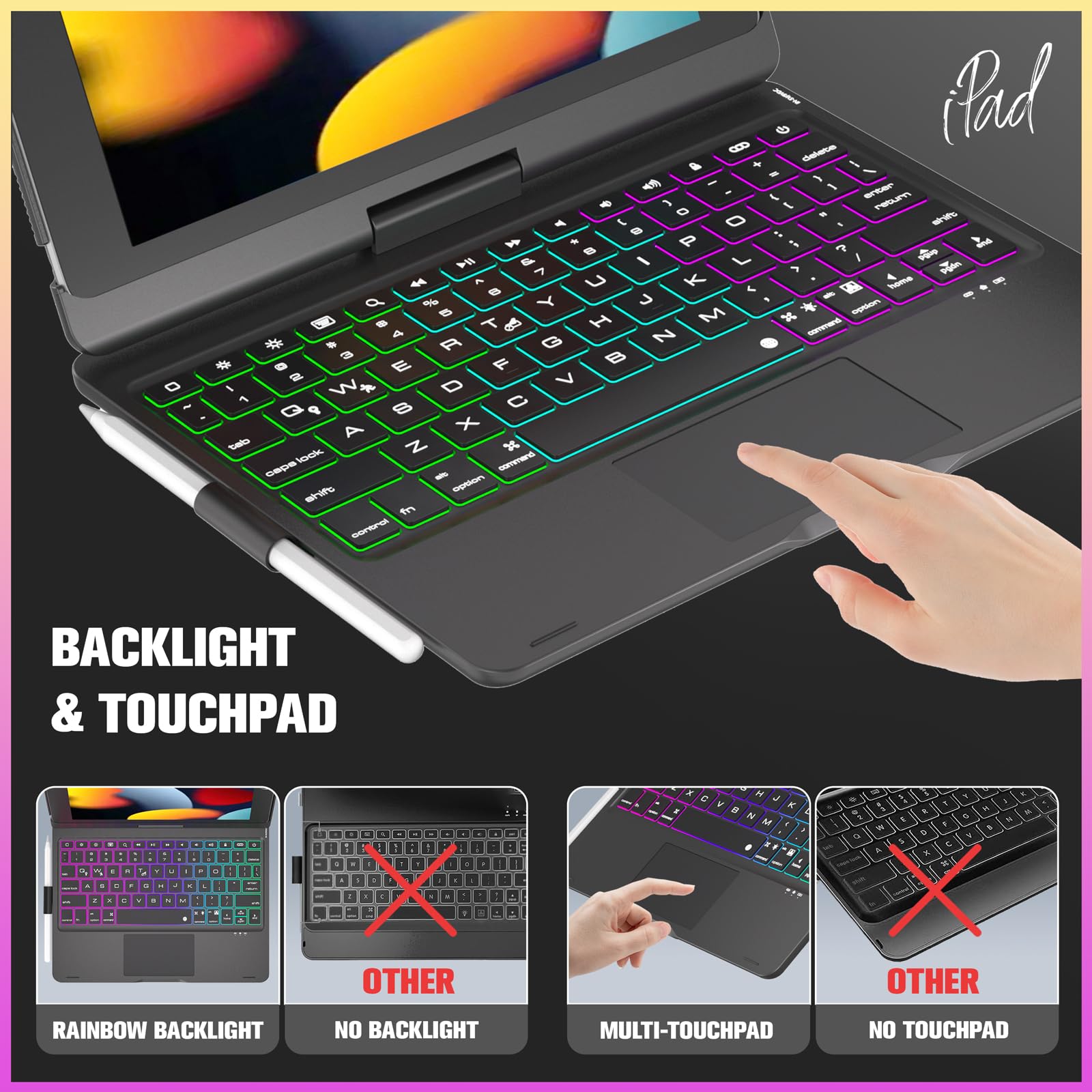 NOKBABO iPad 9th Generation Case with Keyboard 360° Rotatable Touchpad and 7 Color Backlight & Pencil Holder for iPad 9th/8th/7th Gen 10.2 inch & iPad Air 3rd Gen/iPad Pro 10.5 inch - Black
