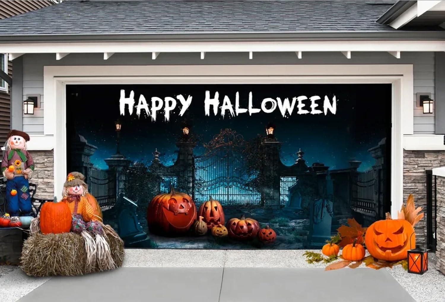 Garage Door Decorations - FINGUOLA 8ft x 16 ft Halloween Garage Door Cover Banner, Pumpkin Ghost Pumpkin haunted house Halloween Outdoor Party,Garage Door Decorative Garage Door Mural