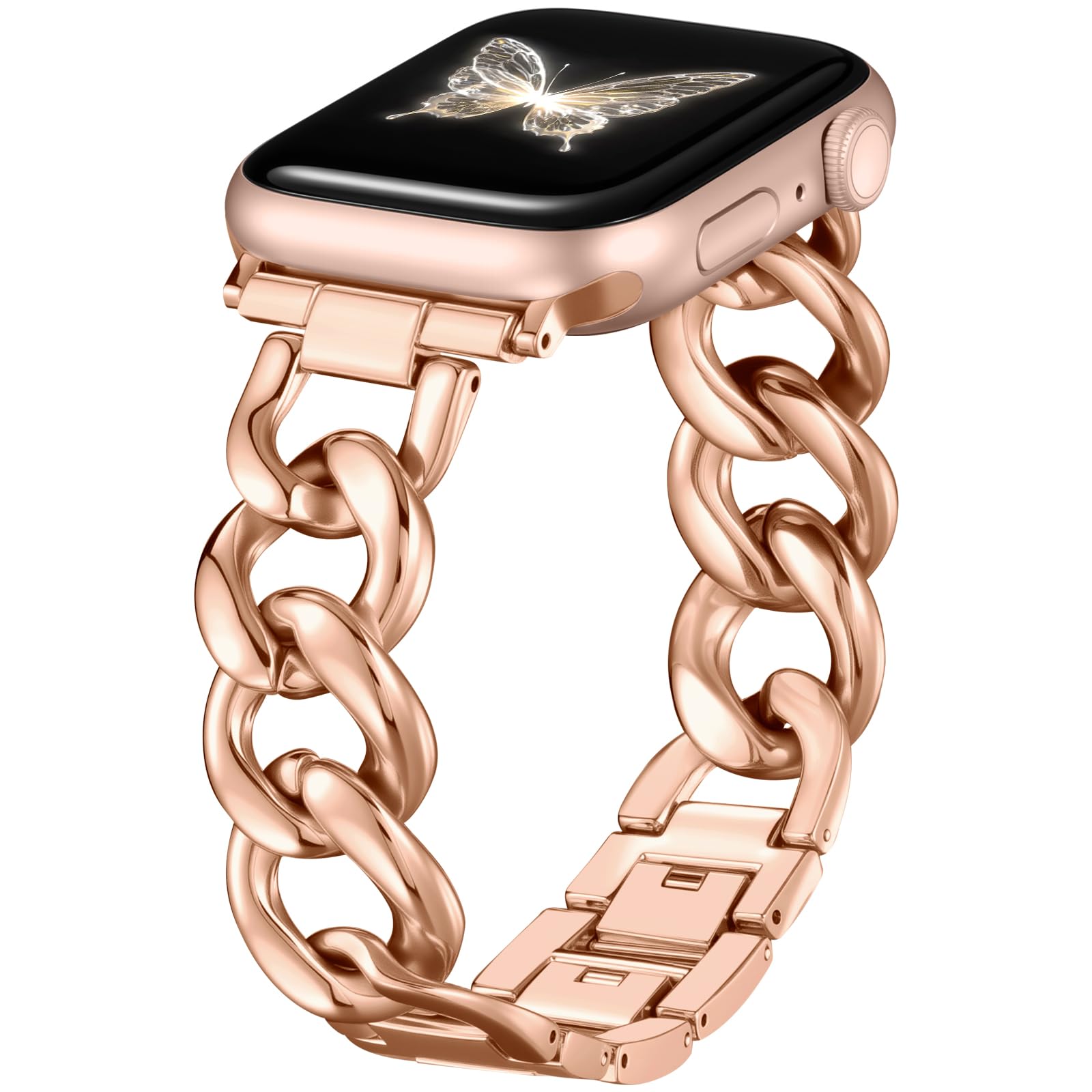 Photo 1 of DaQin Gold Band Compatible with Apple Watch Bands for Women 44mm 45mm 46mm 42mm, Metal Chain Link Steel Replacement Accessories Bracelet for iWatch Bands Series 11 10 9 8 7 6 5 4 3 2 1 SE, RoseGold