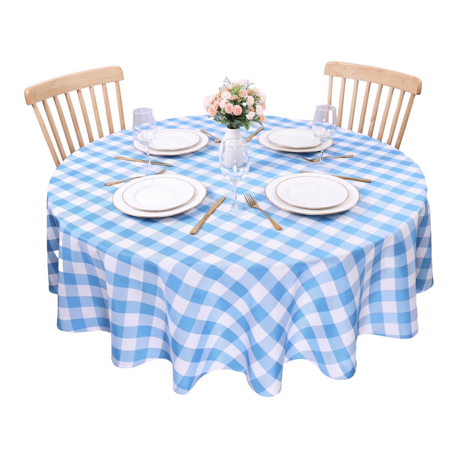 Kesfey Sky Blue Gingham Round Tablecloths Polyester 60 Inch Checkered Table Cloth Round Tablecloth Spillproof and Wrinkle Free for Outdoor and Indoor Use Plaid Table Cloths Wipe Clean