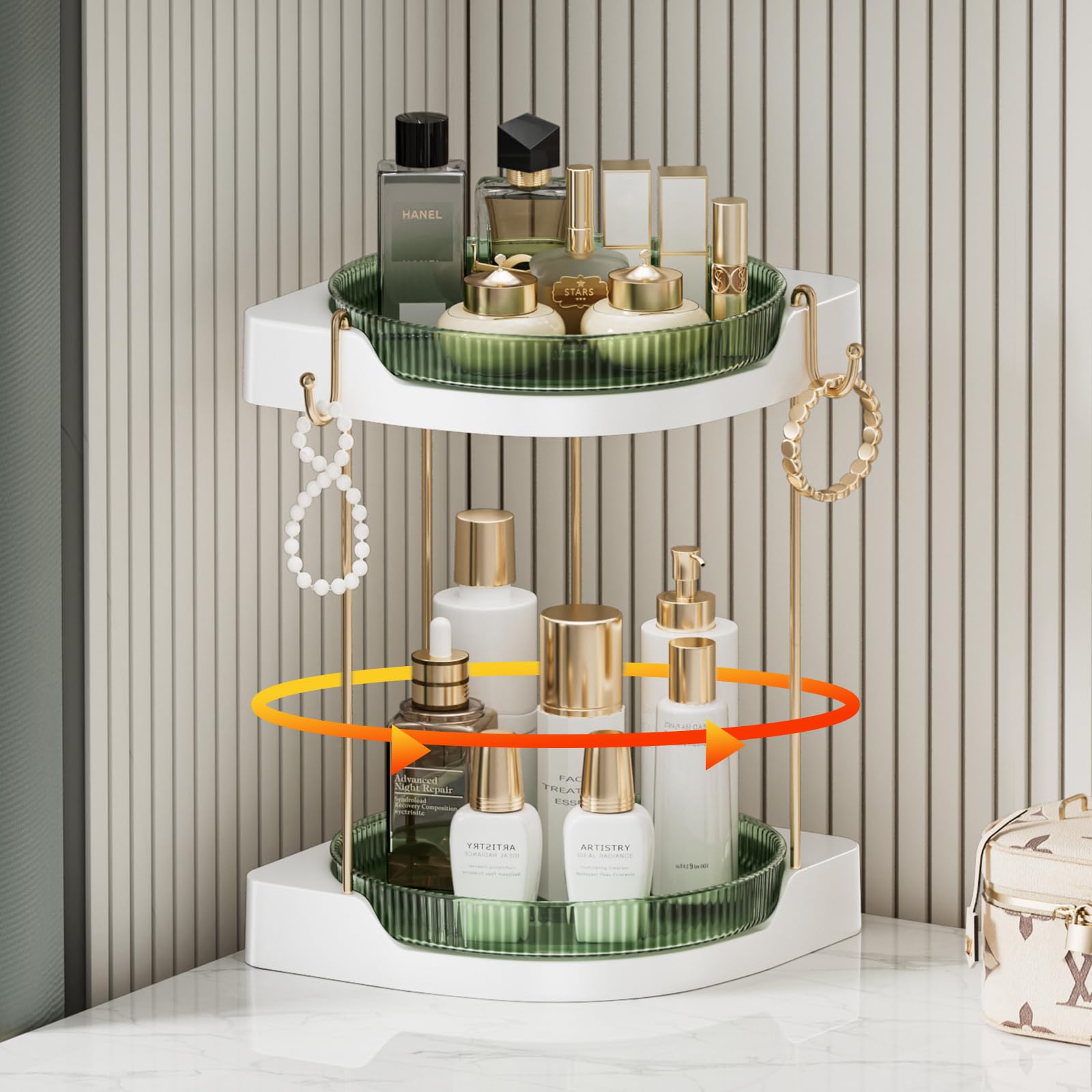 Photo 1 of 360 Rotating Makeup Organizer for Vanity, Large Capacity Spinning Makeup Organizer - Clear Rotating Perfume Organizer Fits Vanity, Kitchen, Bathroom (2 Tier, Green)