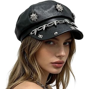 Gothic Punk Black PU Leather Newsboy Cap, Studs Rivet Skull Chain Beret Hat, Retro Biker Rock Cap for Men Women, Cosplay Stre