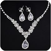 COCIDE Bride Jewelry Set Silver Crystal Wedding Necklace Earrings Bridal Rhinestone Teardrop Pendant Accessories for Women and Bridesmaids (3 piece set - 2 earrings and 1 necklace)