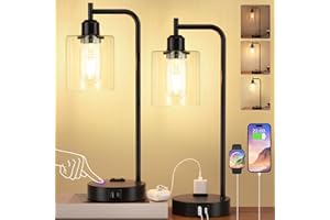 Industrial Touch Table Lamps Set of 2-3-Way Dimmable Bedside Lamps with USB C+A Ports and Outlet,Black Nightstand Lamps for L