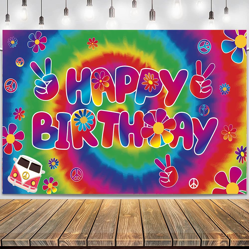 Photo 1 of LOONELO Groovy Happy Birthday Backdrops with 70.8"x43.3", 60's Carnival Groovy Birthday Party Banner,Retro Hippie Boho Birthday Photography Background for Hippie Theme Groovy Party Decorations