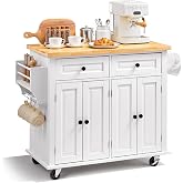 VEVOR Kitchen Island Cart with Solid Wood Top, 35.4" Width Mobile Carts with Storage Cabinet, Rolling Kitchen Table with Spice Rack, Towel Rack, and Drawer, Portable Islands on Wheels, White