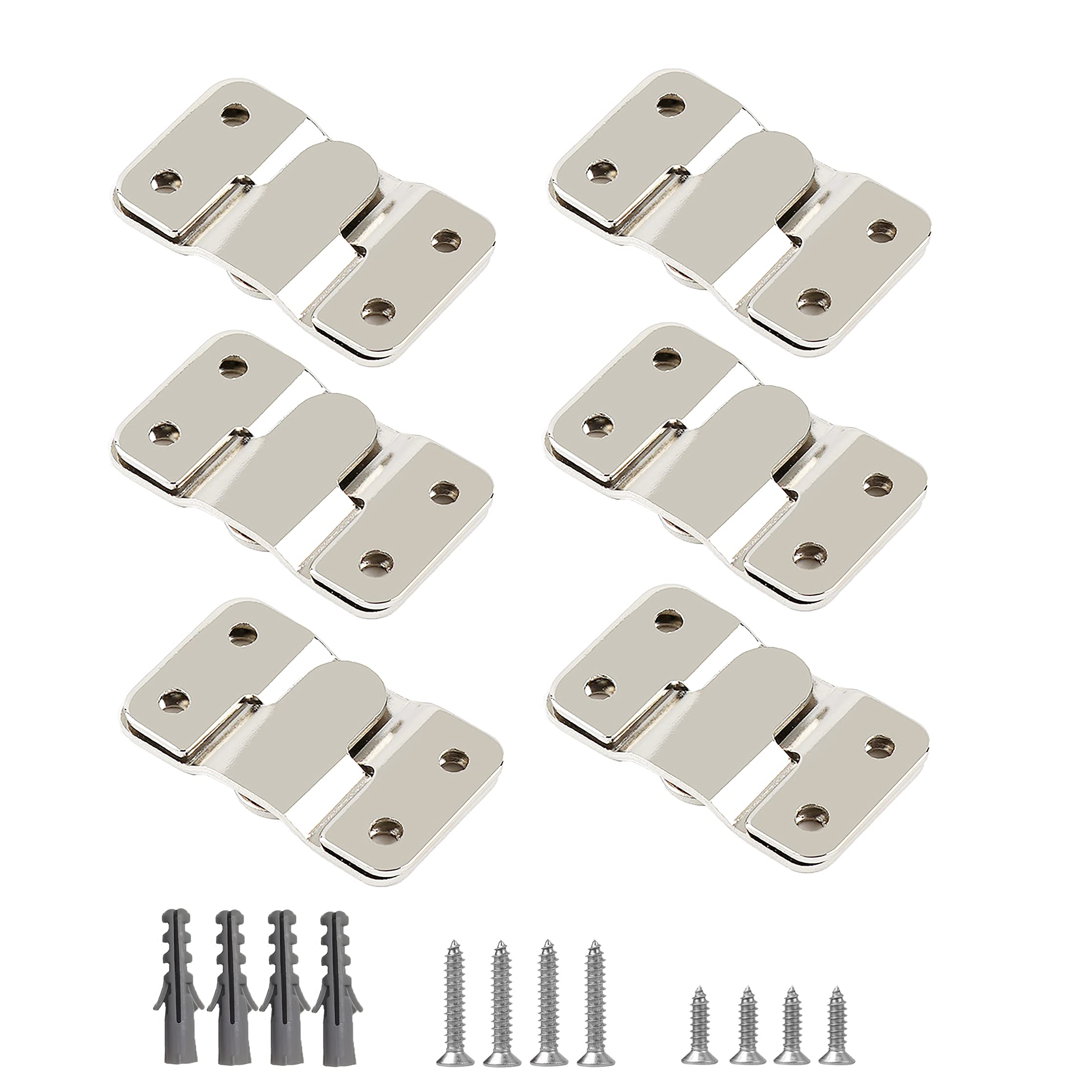 WeqeYent 6 Pairs(12 Pcs) Flush Concealed Mount Bracket, Interlocking Hang Buckle Stainless Steel Photo Hook Hardware Hanging, Heavy Duty Flush Mount Headboard Hanging Wall Interlocking Brackets(53MM)