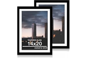 ccdcc 14x20 Poster Frame Set of 2, 14 x 20 Wood Picture Frames with Mat for 12x18, Wooden Photo Frame with Tempered Glass Cover for Wall Mounting Display, Black