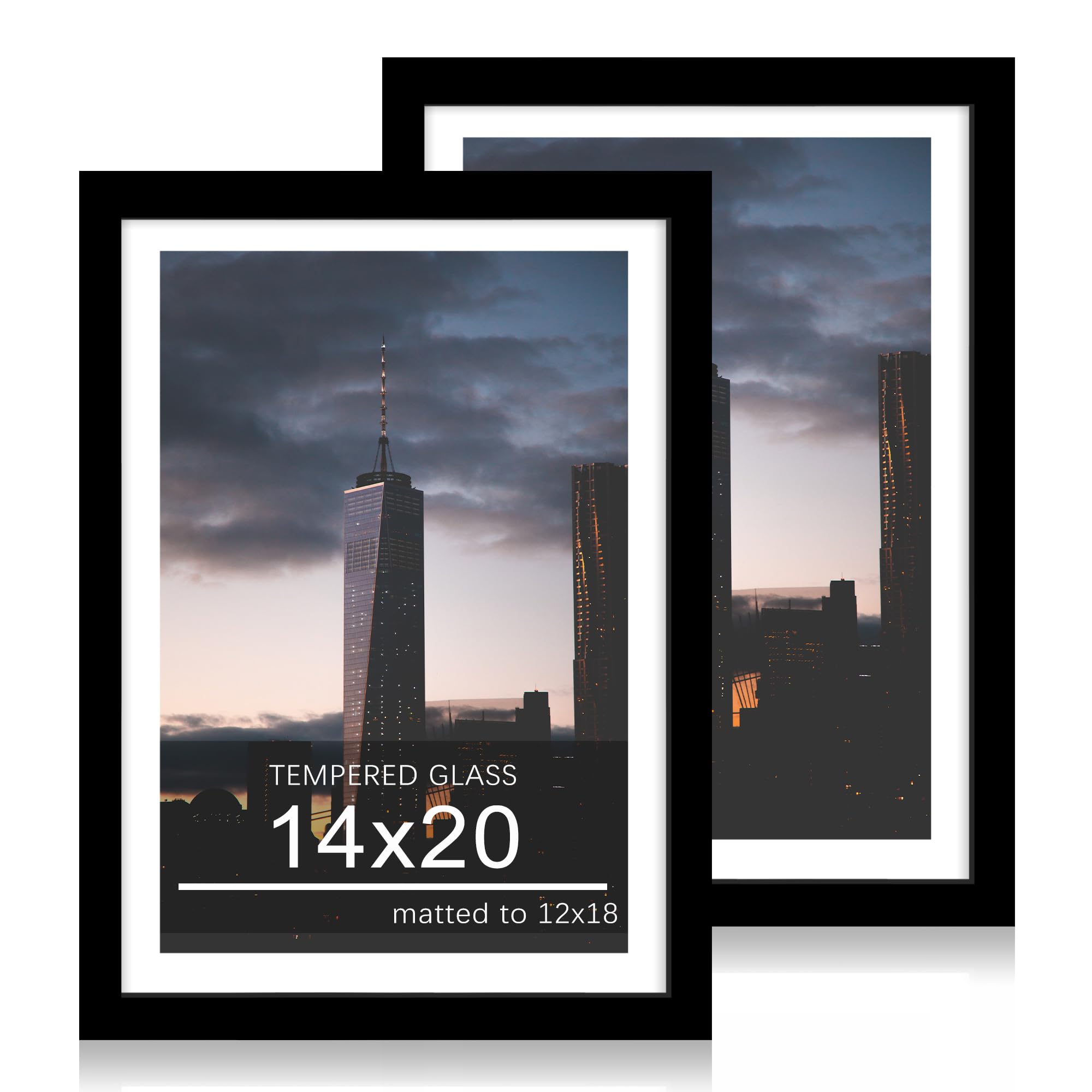 ccdcc 14x20 Poster Frame Set of 2, 14 x 20 Wood Picture Frames with Mat for 12x18, Wooden Photo Frame with Tempered Glass Cover for Wall Mounting Display, Black
