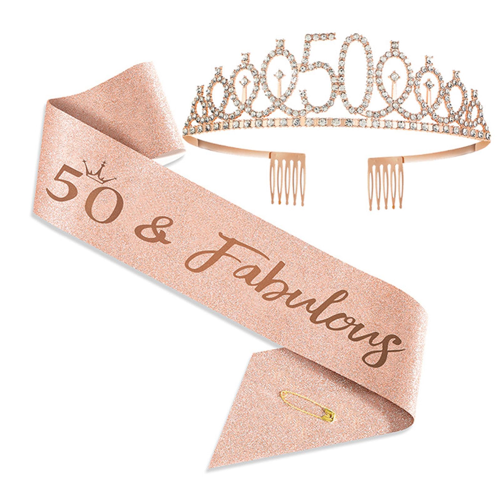 JOUWUI 50 Fabulous Sash and Rhinestone Tiara Set, 50th Rose Gold Rhinestone Crowns and Sash for Women, 50th Birthday Decorations for Her — image 1