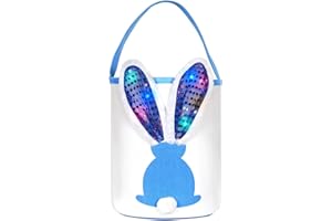 HONGSOME Easter Bunny Baskets with Lights for Baby Boys,Large Blue Kids Easter Bucket Tote with Light up Rabbit Ears for Spring Egg Hunts Party Storage (Blue)