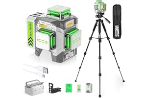 Huepar Pro Laser Level 360 Self Leveling with 50inch Tripod, 3 x 360° High Brightness Green Laser Leveler Tool for Construction, Tile and Picture Hanging, 8000mAh Li-ion Battery & Magnetic Bracket
