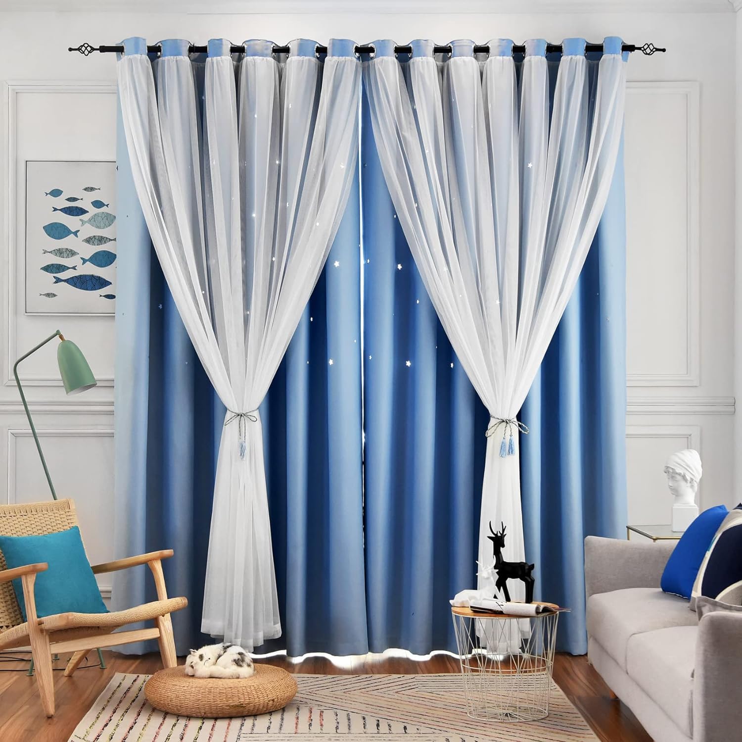 Loyala Star Curtains for Living Room Drapes for Bedroom Blackout Curtains for Bedroom Kids Curtains Double Layer Curtains Curtains 96 Inches Long 2 Panels Set, Blue Curtains, 52 X 96 Inches Image