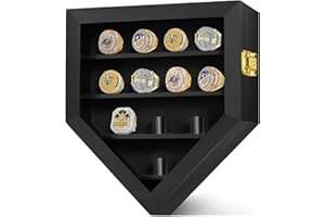 GYAOZII Championship Ring Display Case 12 Ring Posts, Sports Ring Wooden Shadow Box with HD Grass Door 98% UV Protection, Wall Mount Rings Holder for Baseball Basketball Award Rings Champion Souvenirs