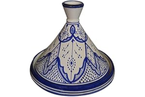 TREASURES OF MOROCCO Moroccan Handmade Serving Tagine Exquisite Ceramic With Vivid colors Original 8 inches in Diameter Fes White & Blue
