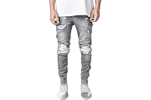 JEKE-DG Men's Ripped Skinny Moto Biker Jeans Slim Fit Hip Hop Tapered Leg Denim Pants Stretch Zipper Punk Jeans Trousers