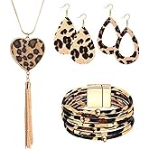 U/R Faux Leather Leopard Sunflower Flower Print Jewelry Set Layered Multi-Layer Bracelet Teardrop Drop Dangle Earrings Pendant Necklace for Women Friend Animal Plant Accessory-A Leopard
