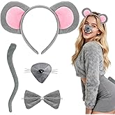 eboozone Halloween Mouse Ears Headband, Grey Rat Ears Headband and Tail/Nose/Bow Tie, Halloween Animal Costume Accessories Set for Birthday Play Dress Up Cosplay Party