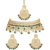 Aheli Indian Wedding Wear Beaded Faux Kundan Pearl Necklace Set with Earrings Maang Tikka Ethnic Bharatanatyam jewellery setGift for Women