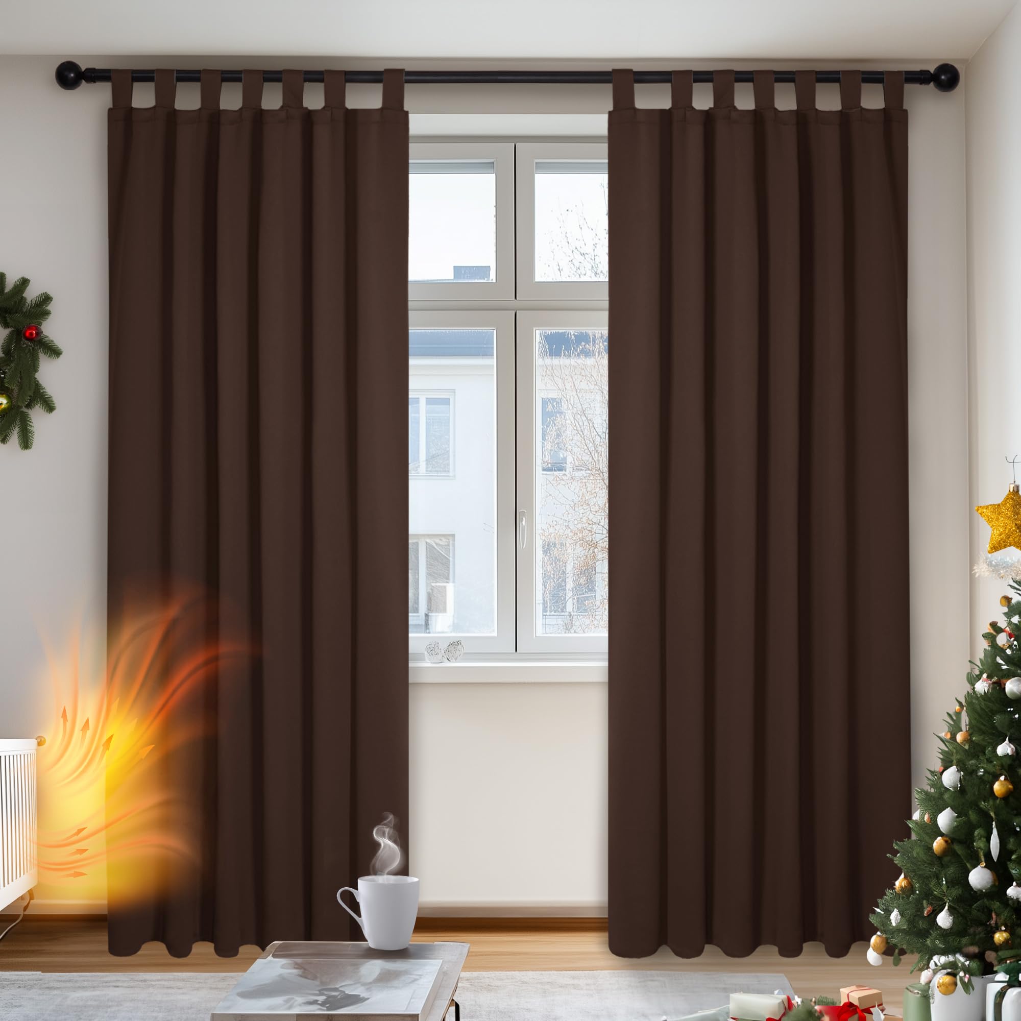 Deconovo Blackout Curtains, Thermal Tab Top Curtains, Ready for Living Room, Bedroom, 140 x 200 cm (W x H), Chocolate, 2 Pieces