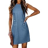 Simplee Womens Denim Dress Summer Sleeveless Casual Mini Dresses Crewneck Western Jean Dress with Pockets