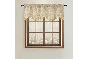 Ebesto Scalloped Valance for Windows - Faux Linen Texture Farmhouse Rustic Floral Printed Kitchen Valance with Tassels, Small
