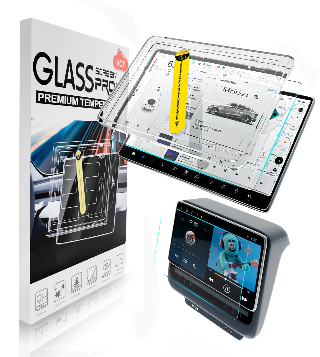 Photo 1 of 2Pcs Tesla Model Y 2025 2026 Juniper& 2024 2025 Model 3 Highland Matte Screen Protector - [No More Glare& Fingerprint] - Mil-Grade 9H+ Tempered Glass with Mounting Frame Kit - Front& Rear Protector(New Model Y/3-Matte)