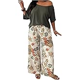 SHENHE Women's Plus Size 2 Piece Outfits Off Shoulder 3/4 Sleeve Blouse and Boho Palazzo Pants Set