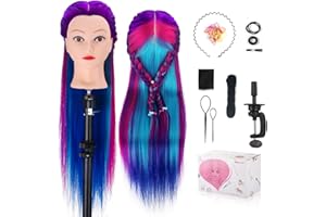 MYSWEETY 28" Mannequin Head With Hair - Styling Training Manikin Cosmetology Doll Synthetic Fiber Hair, Table Clamp & Braiding Kit - Purple