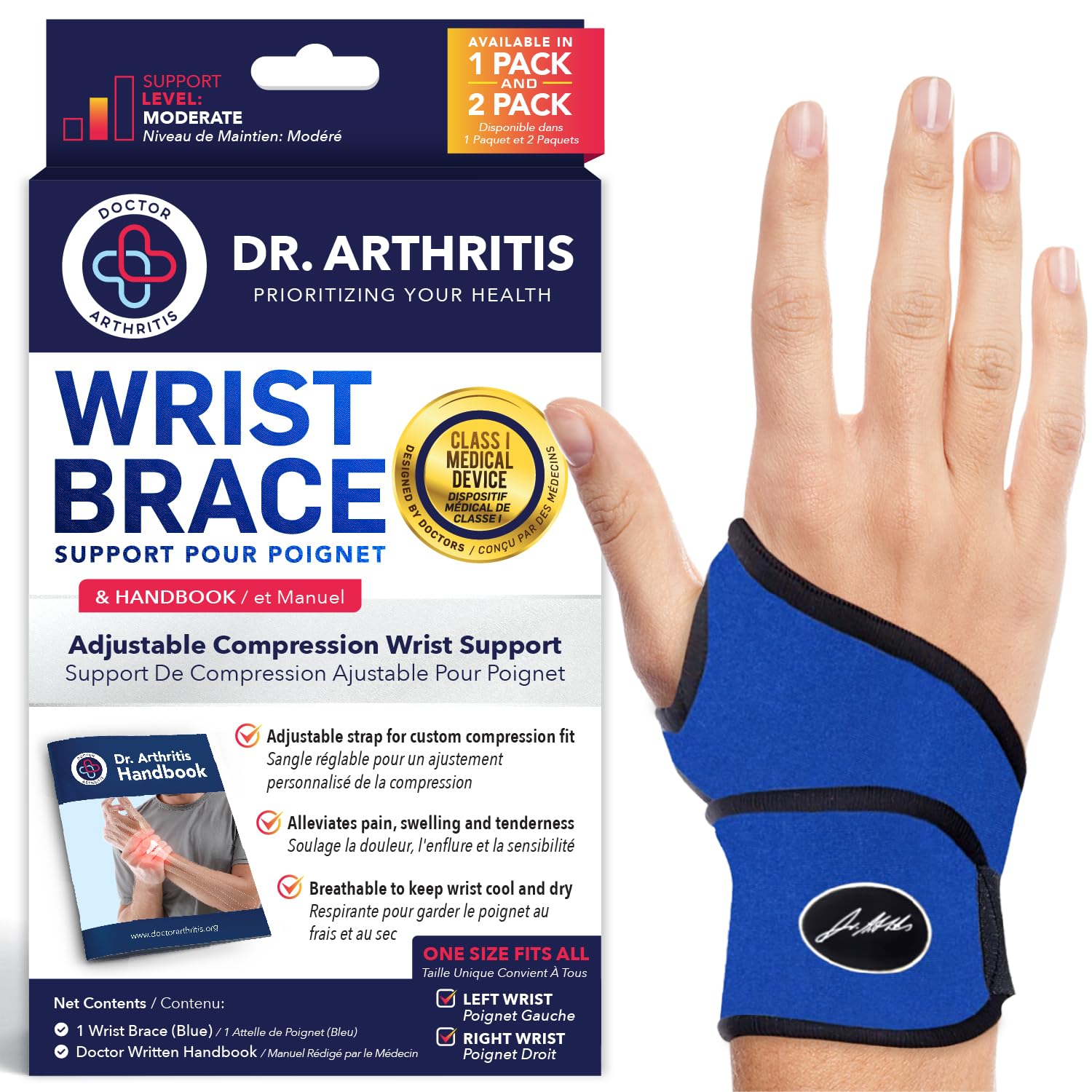 Dr.Arthritis Doctor Developed Premium Wrist Support With Wrist Strap & Doctor Handbook, Wrist Brace For Hand Support,Relief For Wrist Injuries, Joint Disease, Sprains(Single Blue)