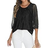 Relipop Womens 3/4 Sleeve Sparkle Top Casual Loose Fit Mesh Pleated Double Layered Tunic Tops