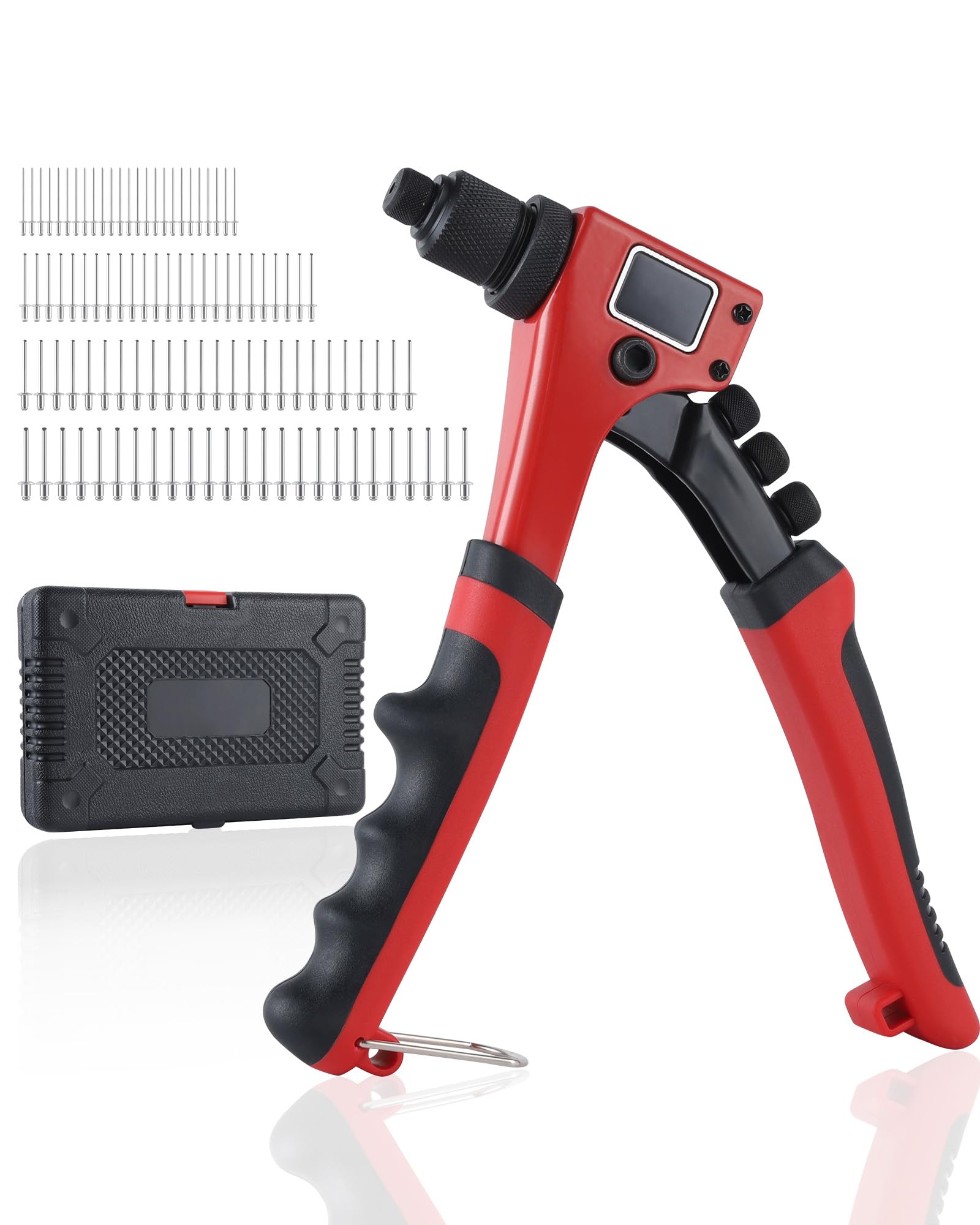 Photo 1 of Anfrere Rivet Gun Kit, Manual Riveting Tool with 100 Rivets and 4 Interchangeable Heads, Professional 4-in-1 Pop-Up Hand Riveter, Storage Case
