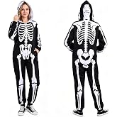 Wegitcs Halloween Skeleton Costume Adult, Skeleton Onesie for Women & Men | Comfy Halloween Costumes Jumpsuit -Front and Back Bone Print with Zip Up Hooded for Cosplay Party, Cosplay Costume