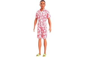 Barbie Fashionistas Ken Doll #235 with Braided Brown Hair, Wearing Coral Jumpsuit with Hawaiian Print and Green Sandals