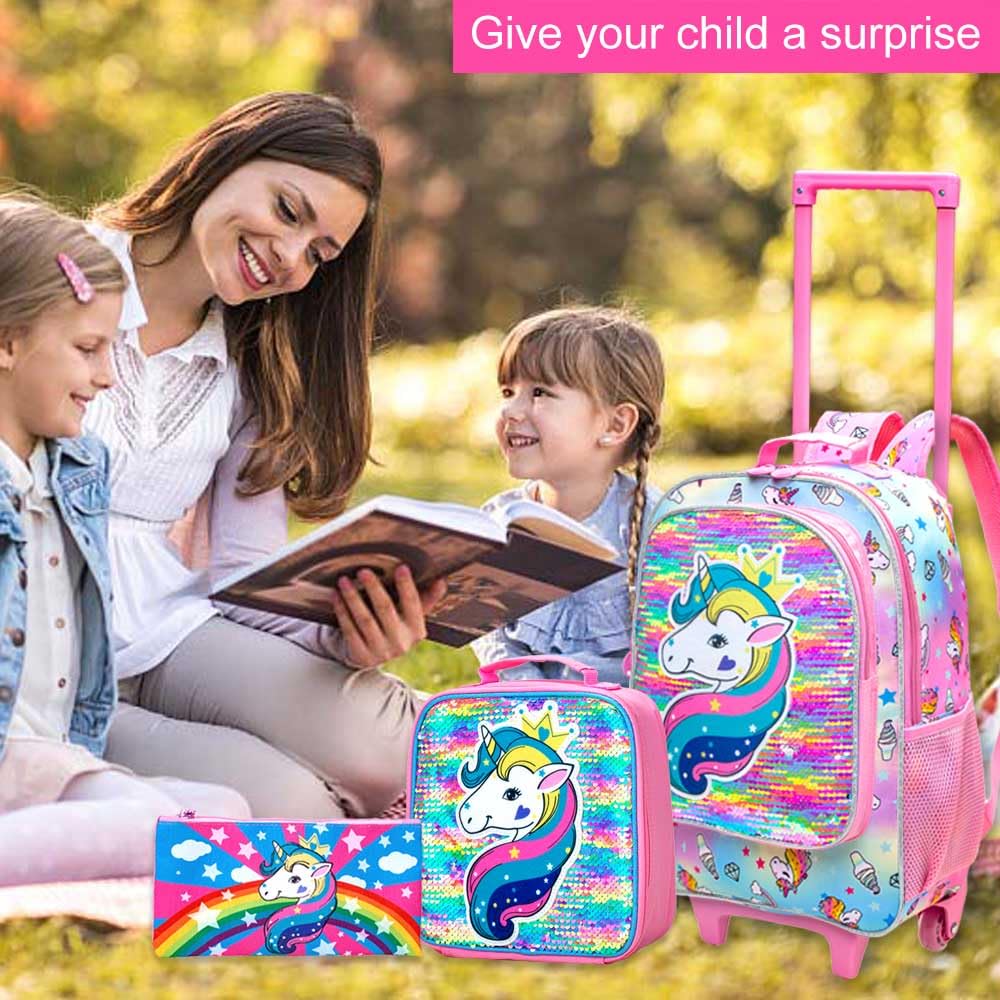 AGSDON 3PCS Rolling Backpack for Girls Boys, Kids Roller Wheels Bookbag, Wheeled School Bag with Lunch Bag