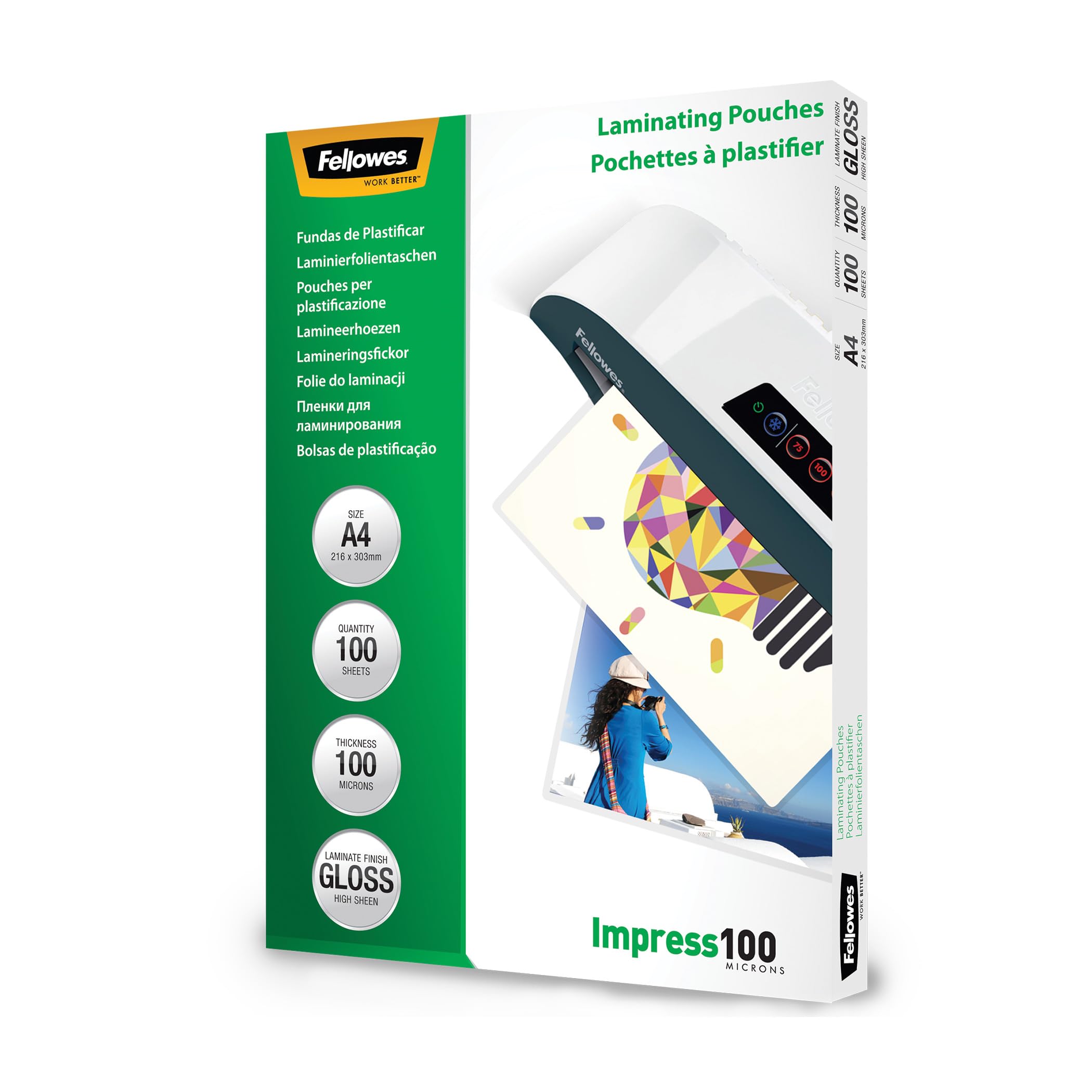 Fellowes A4 Laminating Pouches, Gloss Finish, 100 Sheets, 200 Micron (2x100) Clear & Durable Laminating Pouch - Ideal for Notices, Photos and Creatives