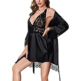 RSLOVE Women’s Satin Lace Lingerie Set – 2-Piece Babydoll Nightgown & Kimono Robe, Sexy Strap Chemise Bride Comfy Sleepwear