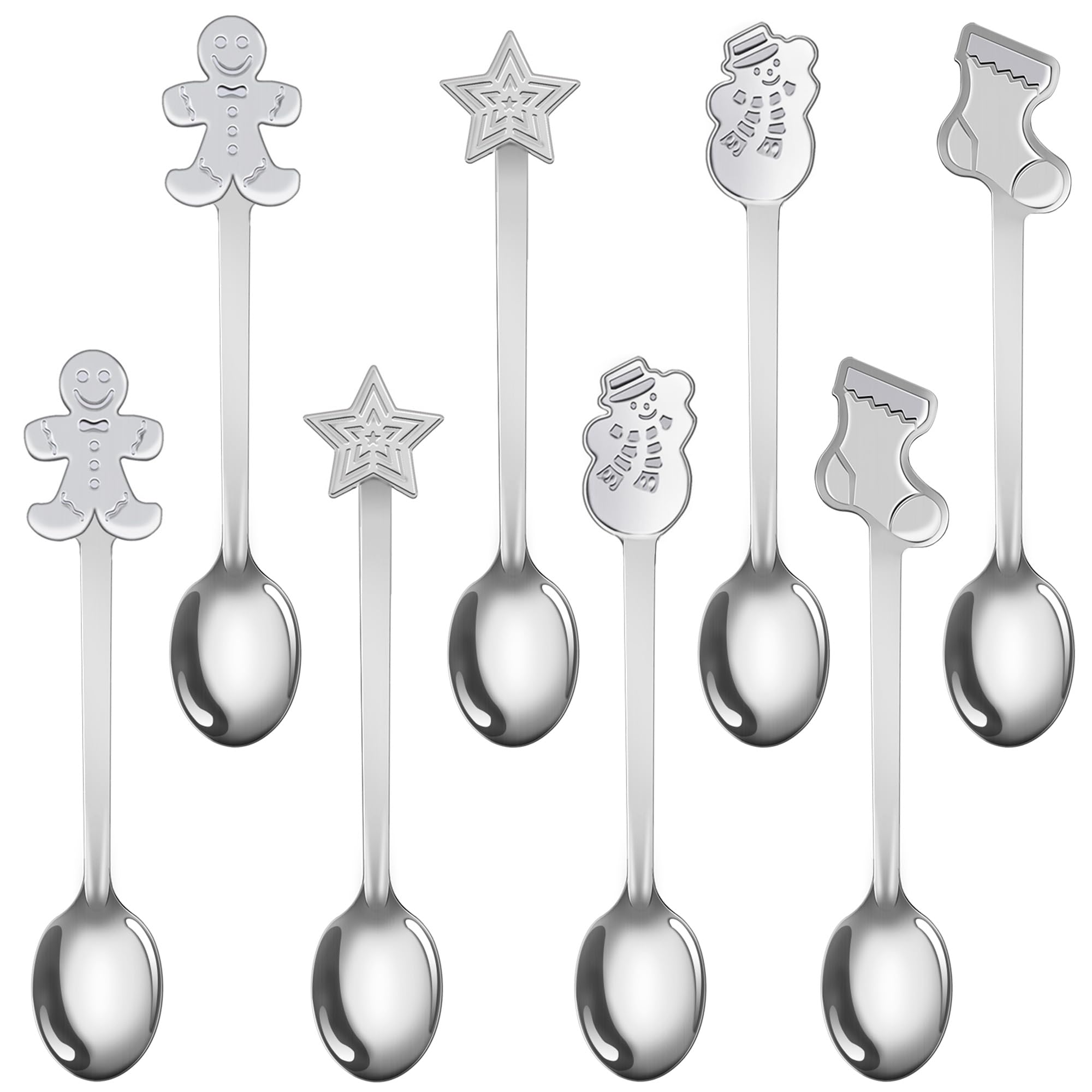 Aodaer 8 Pieces Christmas Stainless Steel Tea Spoons Christmas Tableware Spoons Set Snowman Star Gingerbread Man Stocking Spoons Christmas Gifts for Xmas Stocking Fillers Party and Home