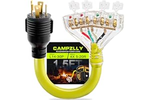 Campzlly 30 Amp to 20 Amp 110 Generator RV Adapter Cord, NEMA L14-30P to 4X 5-15R/5-20R Generator Distribution Adapter, STW 10 AGW, 1.5FT, ETL Listed