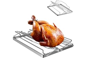 PETKAO Adjustable Poultry Rack, Turkey Rack for Ovens, Smokers, Weber, CharBroil, Char-Griller, Kamado Grills etc., Chicken Roasting Rack, V Rack for Turkey Roast Rack, Large Meat Rack for Roasting Pan