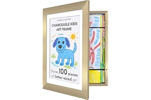 Americanflat Kids Artwork Frame Changeable (Gold) - Magnetic Door Holds 100 Art Pieces - 8.5x11 Letter Size Display with Mat or 10x12.5 Without Mat - My Mini Masterpiece