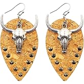 Western Cowboy Oxhead Leather Drop Earrings,Animal Bull Crystal Water Drop Leather Dangle Earrings Jewelry for Women